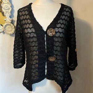 Nina Leonard Vintage Black Sheer Cardigan w/large wooden Buttons Size Large